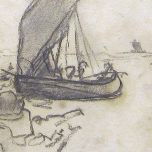Drawing, Two Fishing Boats with Sails, Cullercoats, England, 1881–82