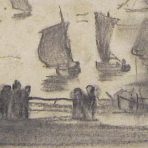 Drawing, Beach Scene with People and Fishing Boats, Cullercoats, England, 1881–82