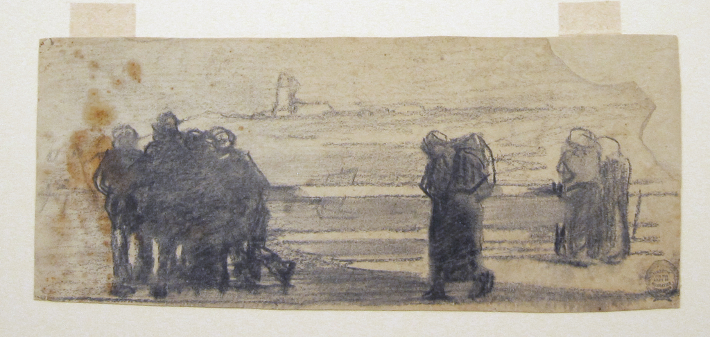 Drawing, Figures Overlooking Bay and Small Boat, Cullercoats, England