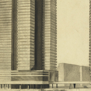 Drawing, Two Skyscrapers, with Additional Elevation and Plan Views, 1932