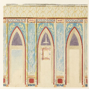 Drawing, Royal Pavilion, Brighton, Design for Chimney wall with 3 gothic arches and Chinese lantern, 1815–22