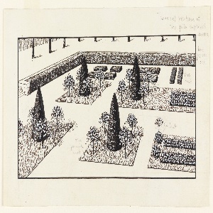 Drawing, Garden with Small Flowering Shrubs and Evergreen Trees, 1912–19