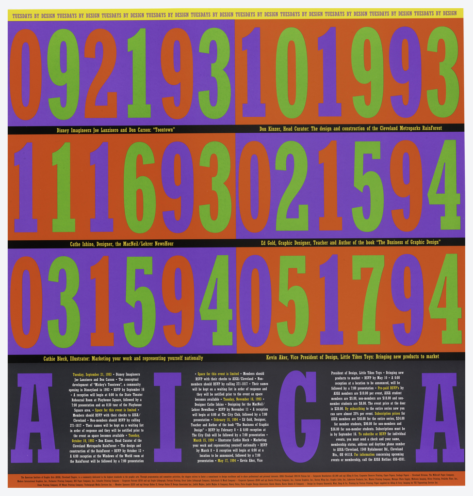 Square poster with four rows of rectangles. The top three rows are split into two rectangles that rotate between purple and red backgrounds. Each rectangle holds a six-digit date. The numbers are red and green on the purple backgrounds and purple and green on the red backgrounds. In between the rectangles there are black bands with yellow text under each date. The bottom row has the letters AIGA in all capital letters in purple on a black background. Each letter is separated by a paragraph of center justified text in white with some words highlighted in yellow. A yellow band with the words TUESDAYS BY DESIGN in all capital letters repeat across the top of the poster. A red band with three rows of small black text borders the bottom.