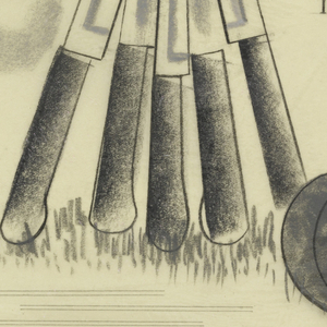 Drawing, Advertisement  Design for ShurEdge Knives: Pumpkin beside "Sheaf" of Knives, 20th century