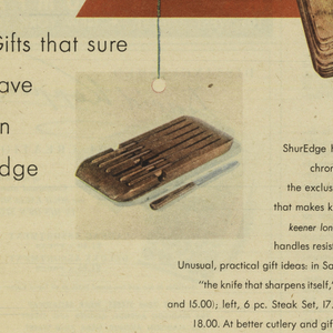 Magazine Page, New York Times Magazine Advertisement  for ShurEdge Knives (Robeson Cutlery,Co. Inc.):  Triangular Santa Claus with Knives in his Belt, 1947