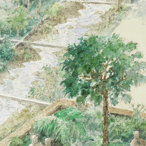 Drawing, Proposal for Pershing Square, Los Angeles:  View of Mountain Foliage, River, Fountains, and Auto-planter, 1986