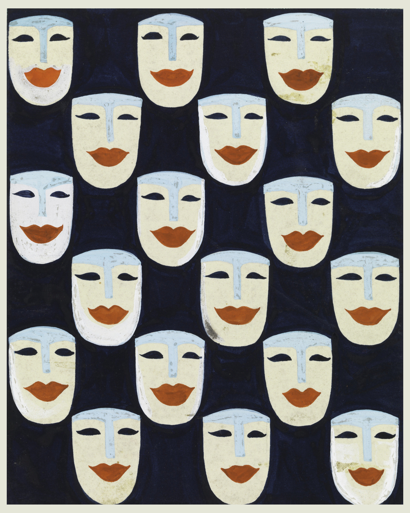 A drawing for a textile design with pattern of eighteen, stylized, white masks repeated on the diagonal, set against a navy ground. Each mask has a T-shaped, pale blue forehead and nose, black, eliptical eyes, and large, scarlet red lips.