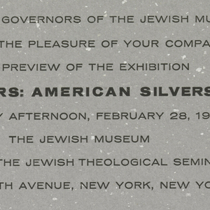 Print, Invitation, Exhibition Preview, "Myer Myers: American Silversmith," The Jewish Museum, New York, NY, 1965
