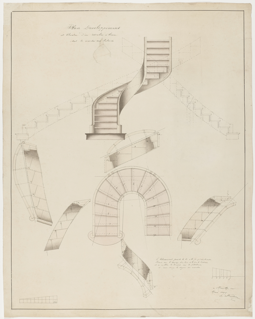 Drawing, Plan Development and Elevation for a Spiral Staircase that Turns to the Right