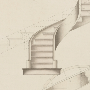 Drawing, Plan Development and Elevation for a Spiral Staircase that Turns to the Right, March 1886