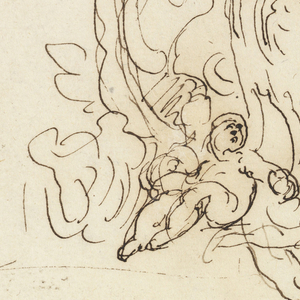 Drawing, Tablet bearing the coat of arms of Pope Benedict XIV with shell as background, 1740–58
