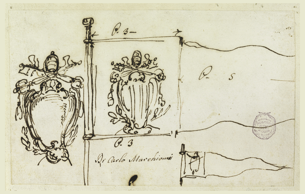 Drawing, Three sketches for a standard of Pope Benedict XIV