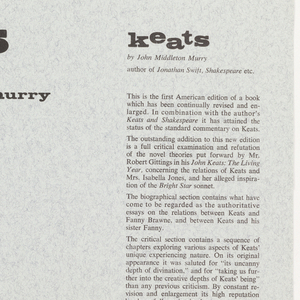 Book Jacket, Bookjacket for "Keats" by John Middleton Murry, 1953