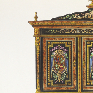 Book Illustration, Album de meubles boulle, no. 10: contenant modèles style Louis XV–Louis XIV et Louis XVI; Bureau de dame, bronzes et marqueterie de bois, plate 1174, 1860s