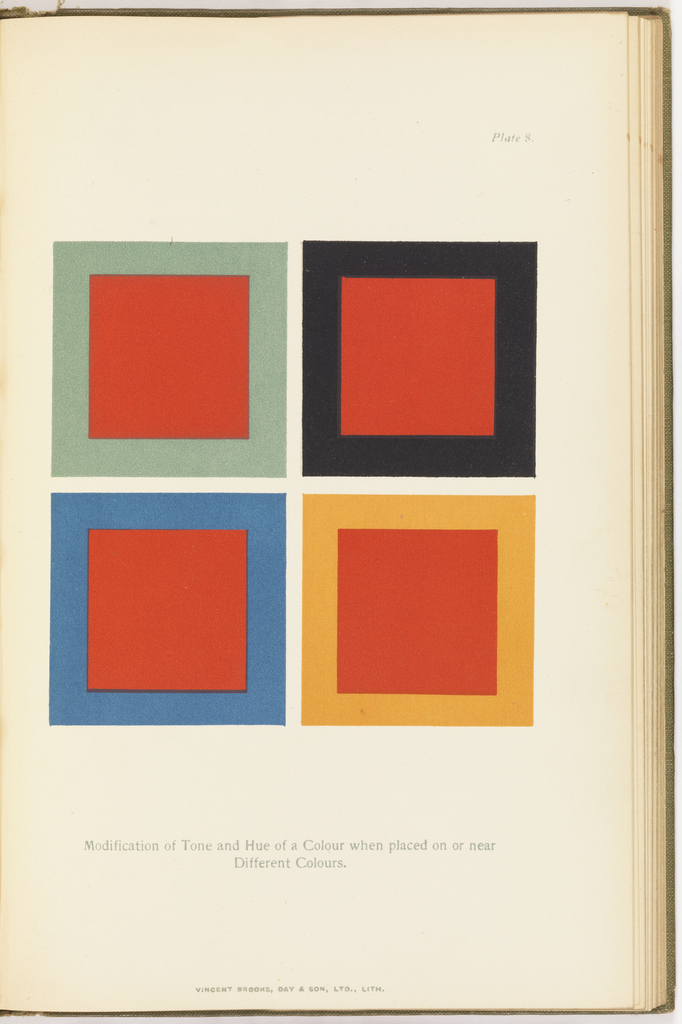 Book Illustration, Colour Harmony and Contrast: For the Use of Art Students, Designers, and Decorators...; Modification of Tone and Hue of a Colour when placed on or near Different Colours, pl. 8